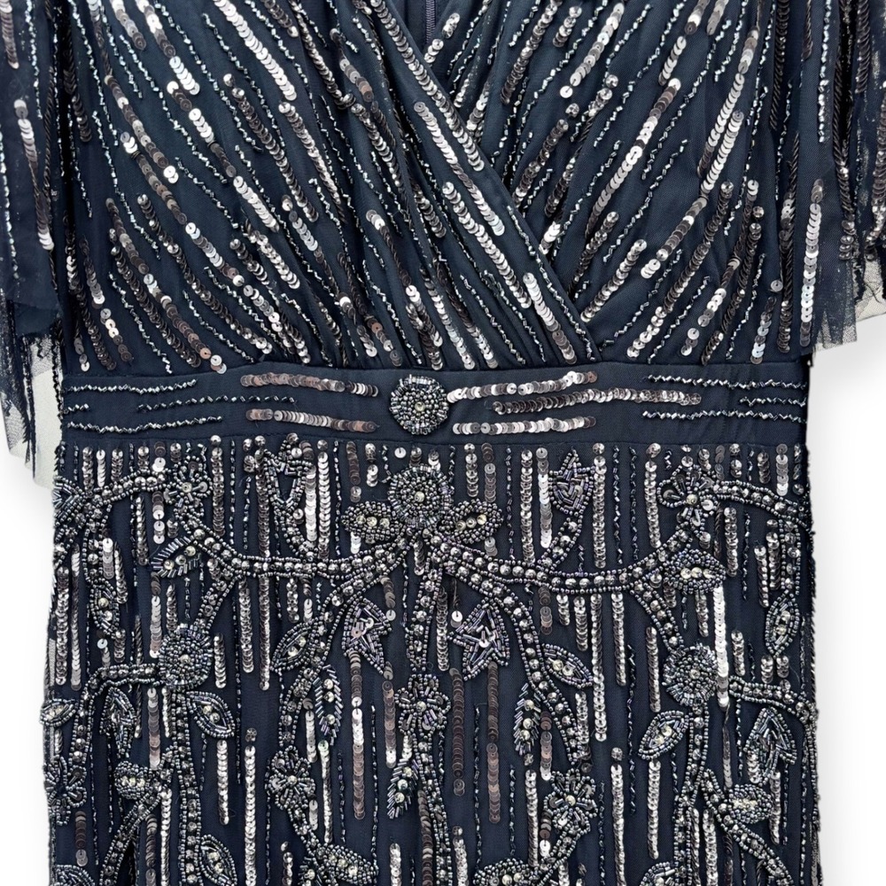 Mac Duggal NEW Navy Embellished Cap Sleeve Faux Wrap Trumpet‎ Gown $698 Size 12 - Picture 7 of 16